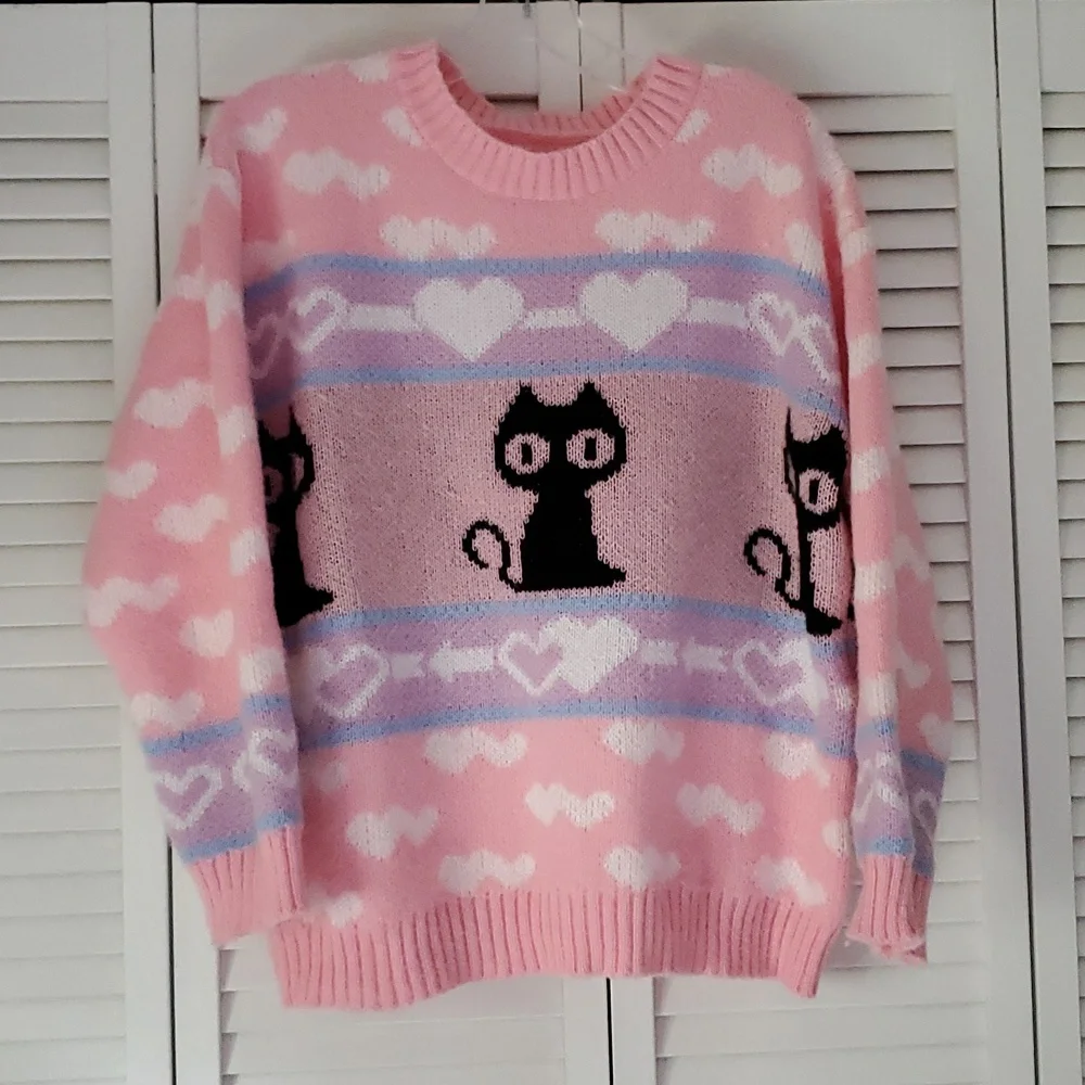 Pink Cat Pattern Sweater - Picture 2 of 10